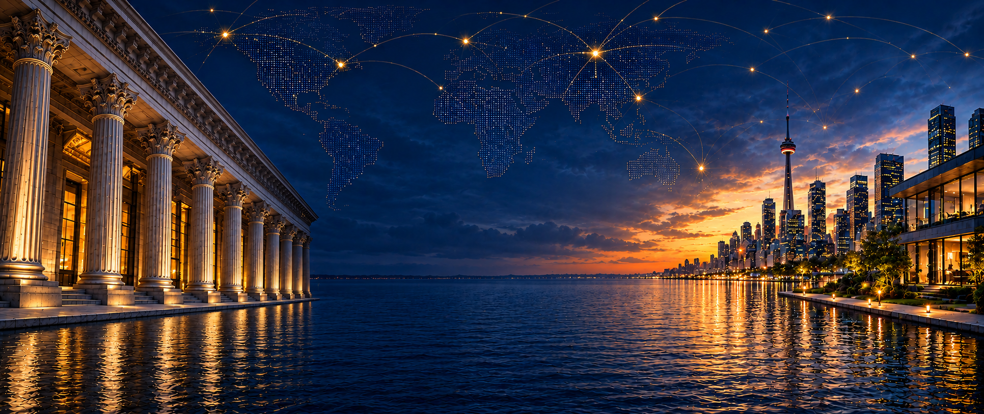 Classical legal architecture and Auckland's illuminated waterfront beneath a connected world map